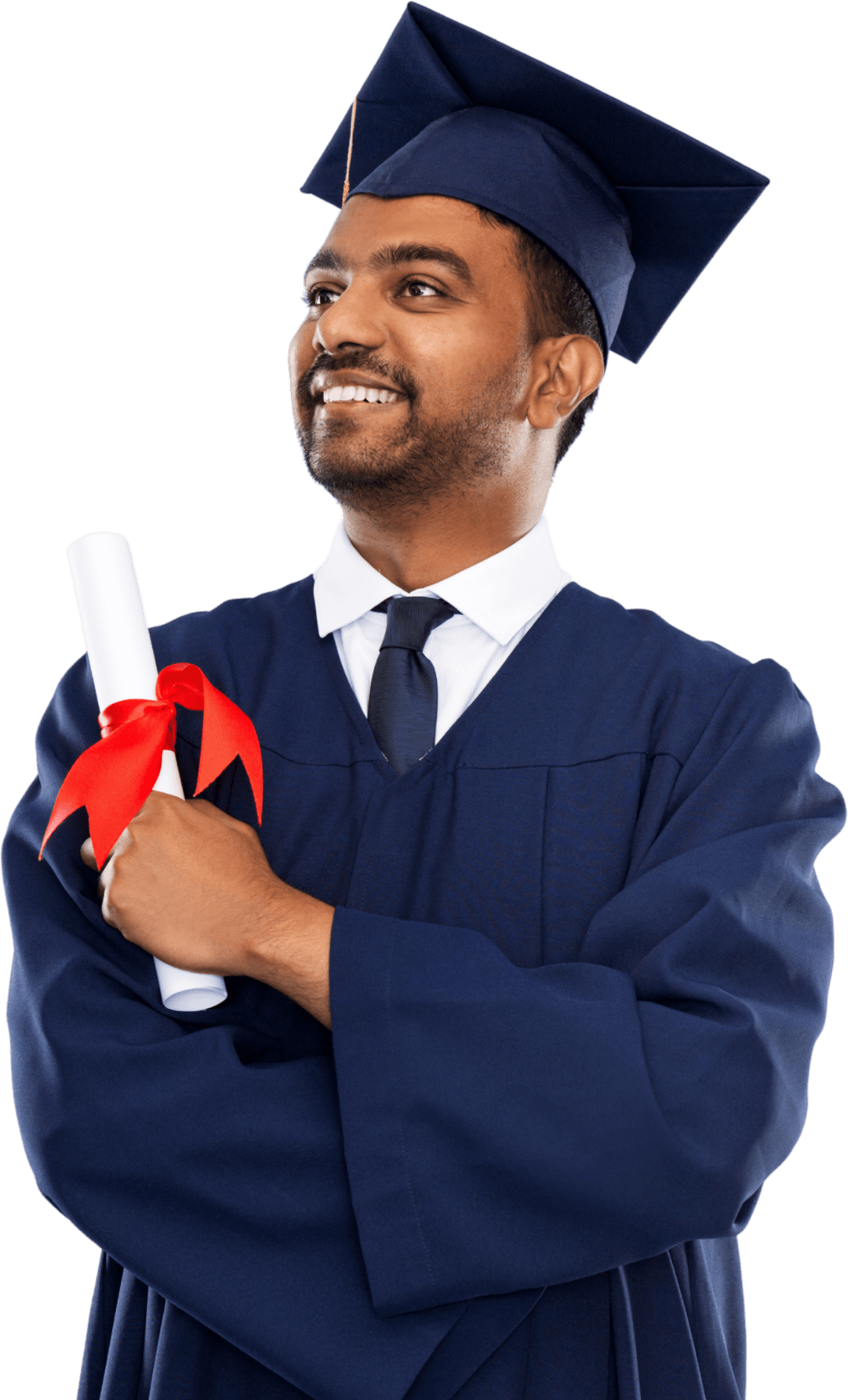 A graduate in cap and gown holding a rolled diploma