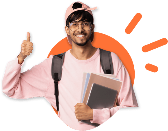 A student carrying books and a backpack, giving a thumbs up