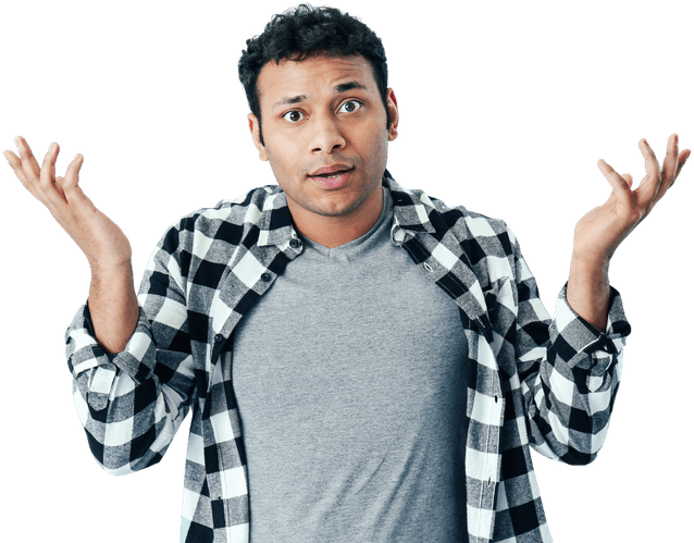 A student shrugging, unsure which scholarship source to trust